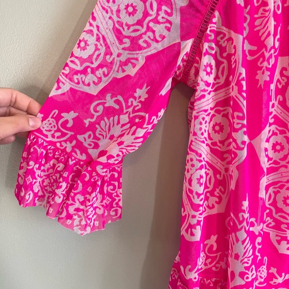 INC Blouse XL SWEET MEADOW Henna Emblem Ruffled Pullover 3/4 Sleeves Top Pink// - Picture 4 of 6